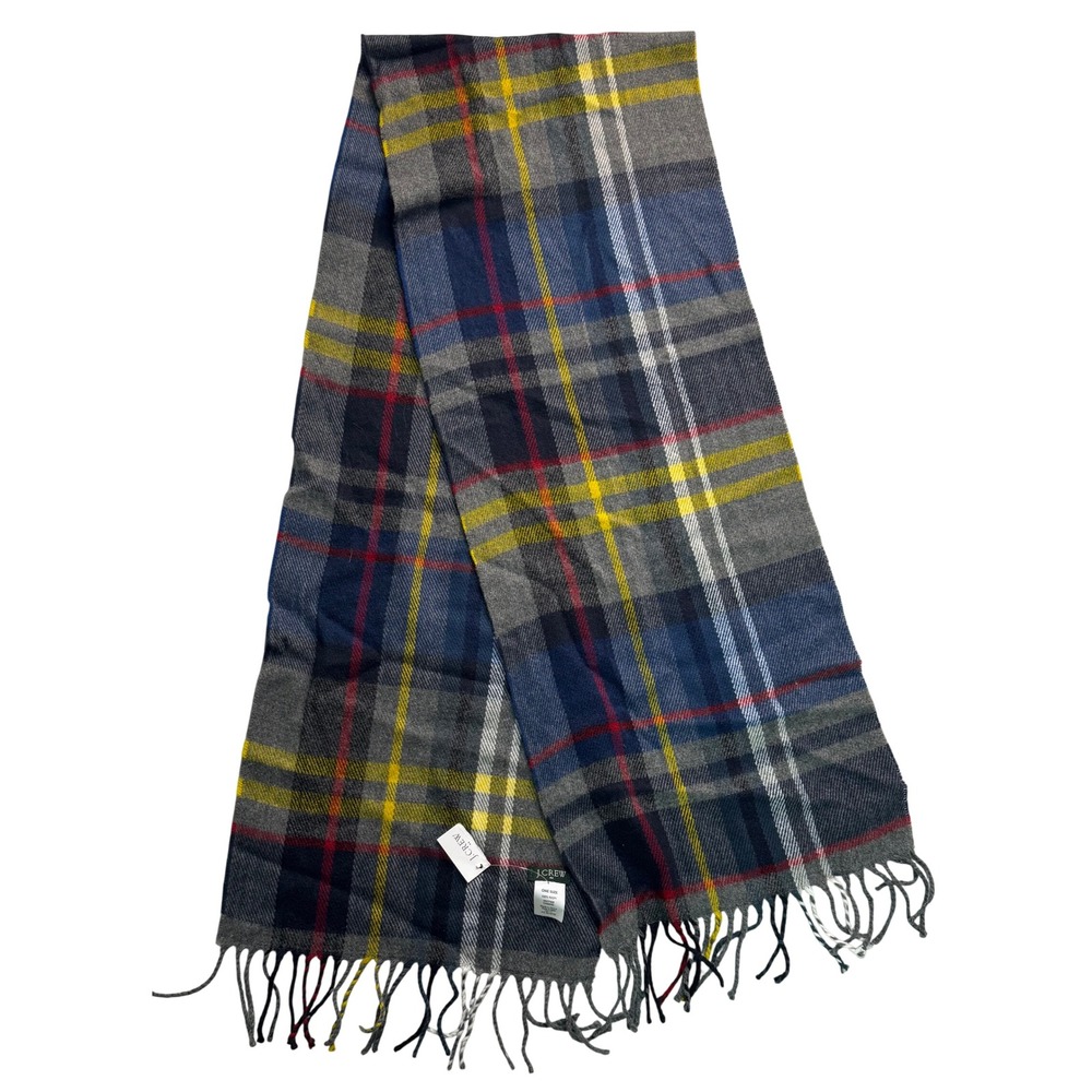 J.Crew Plaid Scarf Grey Blue Yellow Acrylic Fringed Winter Wrap 51669